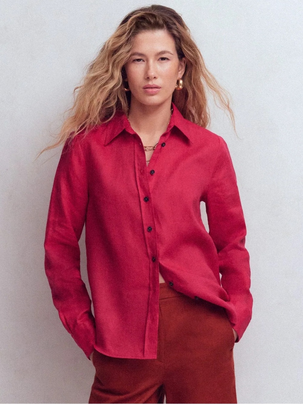 Boden Sienna Linen Shirt Pomegranate Pink Red Button Down Top Size 6 US 10 UK